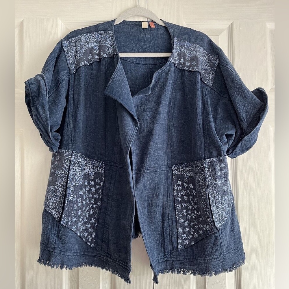 Pilcro Anthropologie Denim PatchWork Kimono Cropped Jacket with Pockets
